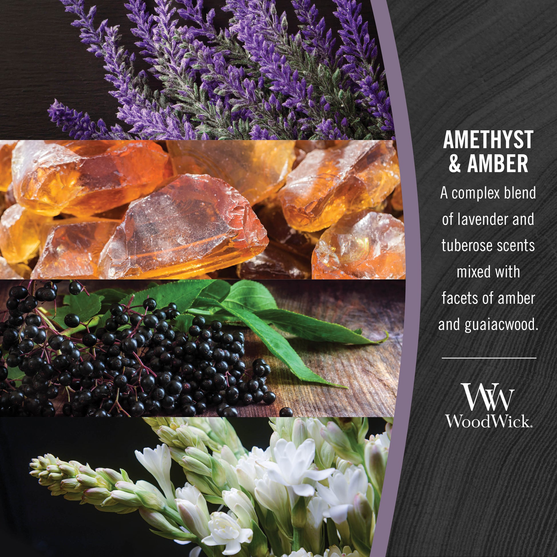 photo collage for woodwick amethyst and amber fragrance with text that reads, a complex blend of lavender and tuberose scents mixed with facets of amber and guaiacwood